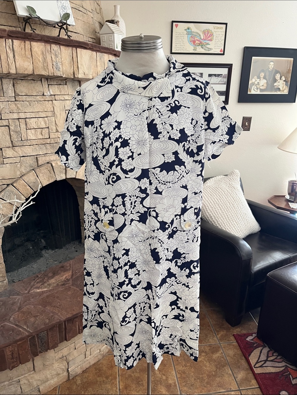 Vintage Sears Fashion Navy & White Floral A-Line Dress